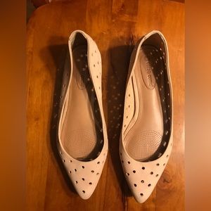 Flat leather, pointed toe, hybrid nude and light blush pink color